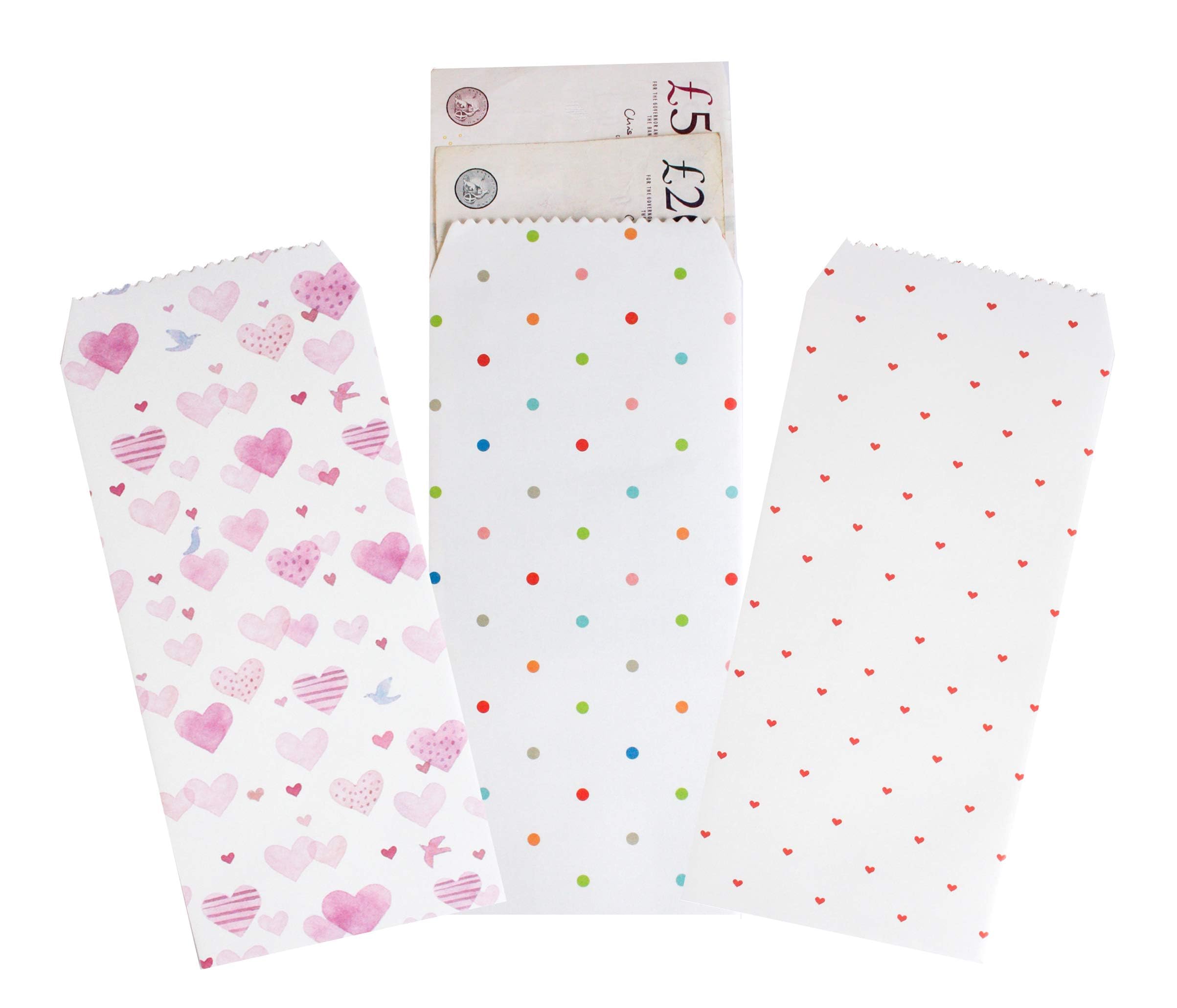 Emartbuy Money Gift Cards Vouchers Tickets Envelope 15 Envelopes in 3 Designs - Hearts and Dots