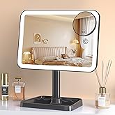 Famihomii Rechargeable Makeup Mirror with Lighting, Lighted Makeup Mirror with 3 Model Lights & 10X Mini Magnifying Mirror, 360° Rotation Durable Table Mirror with Storage, Detachable Design