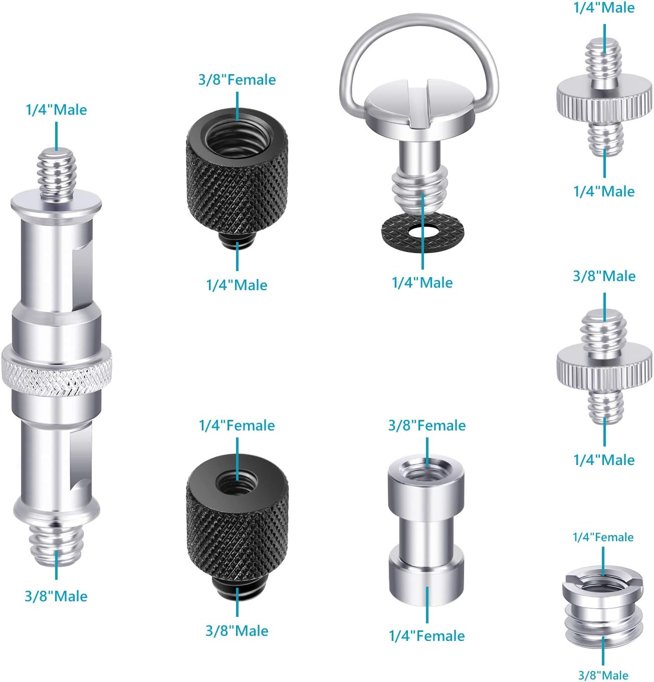 Neewer Camera Screw Kit, 16 Pieces Tripod Adapter Converter Spigot Mount Pack (1/4" to 3/8" - Image 3