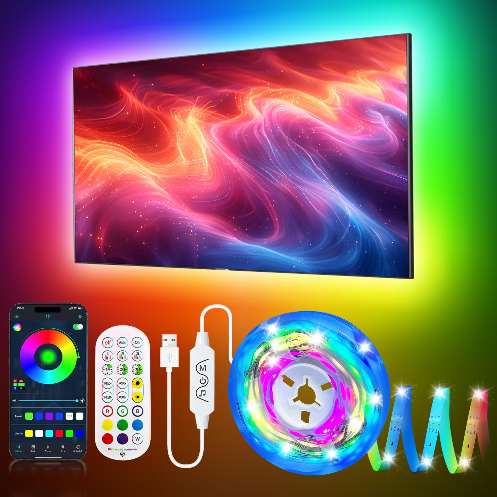 4M LED Strip Lights for 43-55 luch TV RGB Backlight,LED Lights with Remote, Music Sync Color Changing & Bluetooth APP Control Strip Lights, USB Powered for KitchenBedroom Room Lighting TV Home Decor