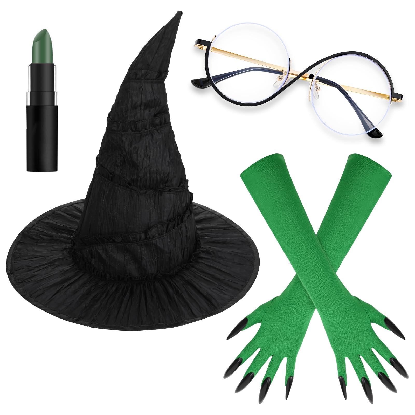 View 1 of Halloween Green Witch Costume Include Black Witch Hat,Gloves for Women Movie Character Dress Up