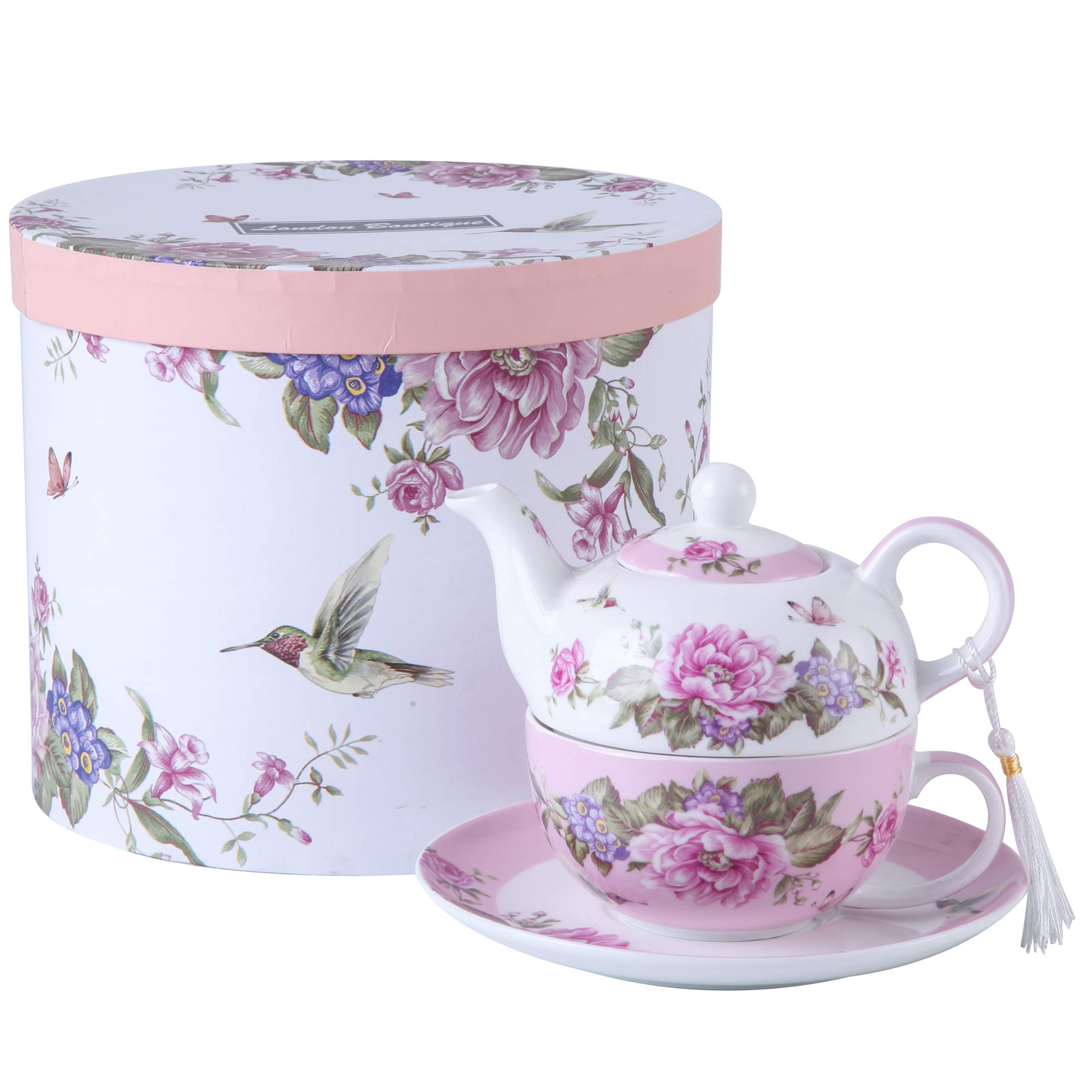 Tea for One Teapot Cup suacer Set Shaby Chic Flora Bird Rose Butterfly Porcelain Gift Box (Pink)