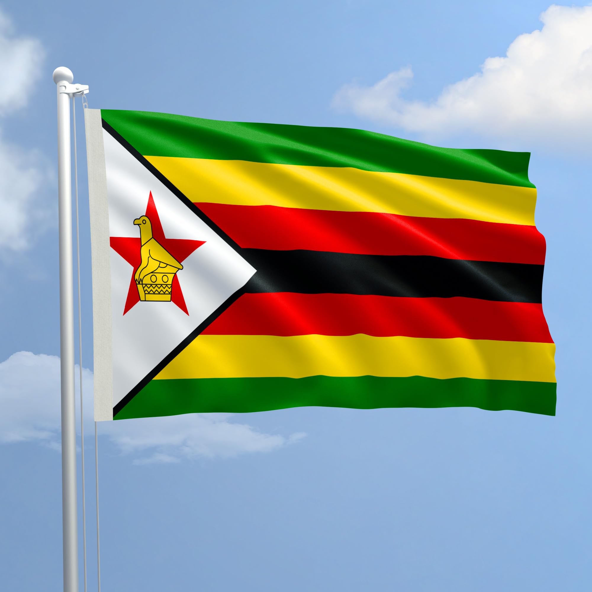 Flag ZIMBABWE 100 x 150 cm in nautical polyester 115 g/m² with double perimeter fold, rope and sheath. FLAME RETARDANT B1 treatment suitable both IN/OUT DOOR - MADE IN ITALY