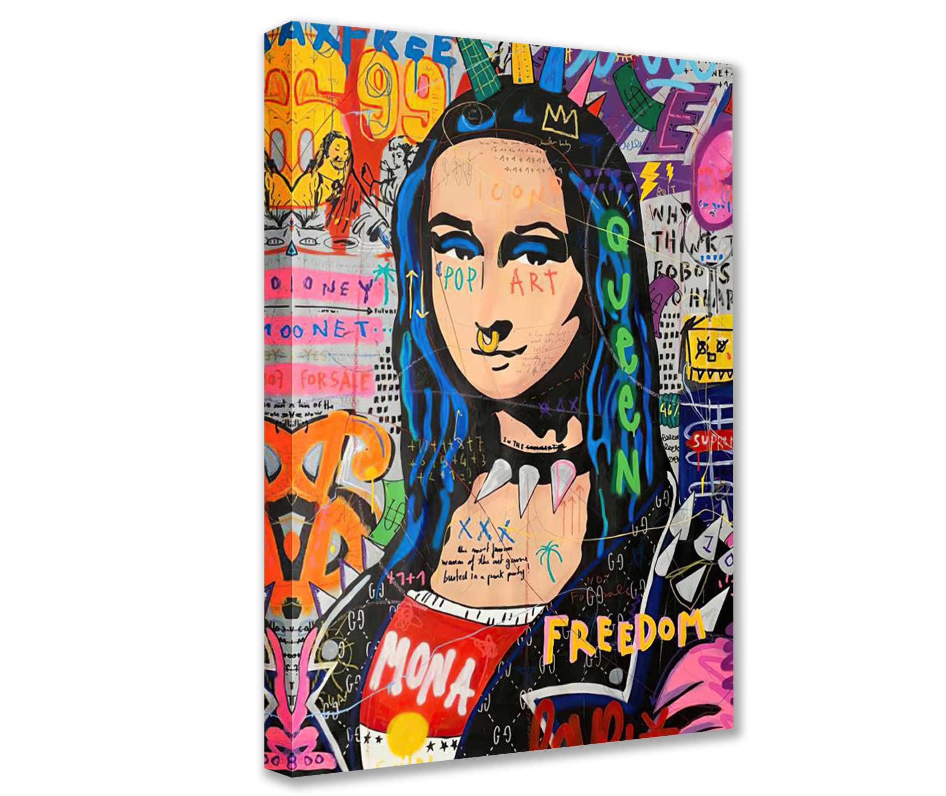 Graffiti Women Canvas Wall Art Abstract Mona Lisa Paintings Colorful Street Pop Art Pictures Classic Modern Artwork Home Decor for Living Room Bedroom Framed Easy to Hang 16x24inch x1 Piece