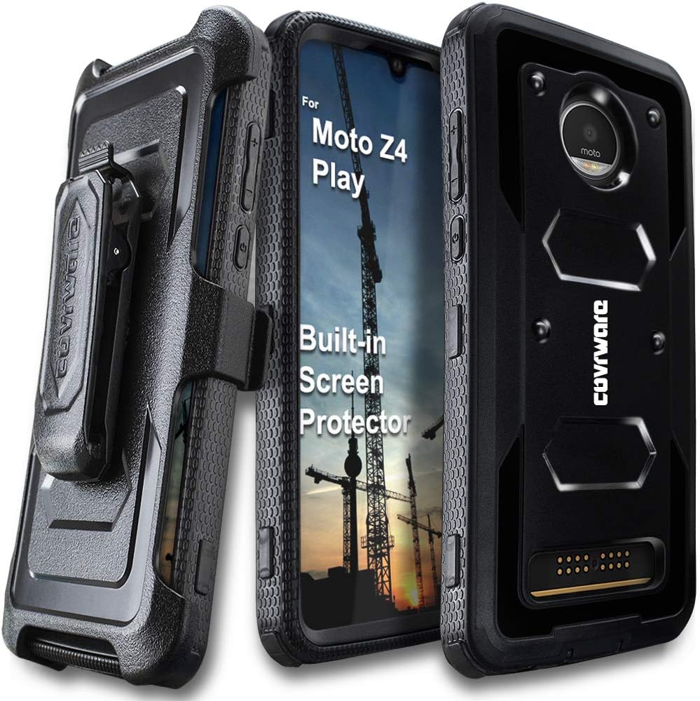 COVRWARE Aegis Series Case Compatible with Moto Z4 / Z4 Play (2019) with [Built-in Screen Protector] Heavy Duty Full-Body Rugged Holster Armor Cover [Belt Swivel Clip][Kickstand], Black