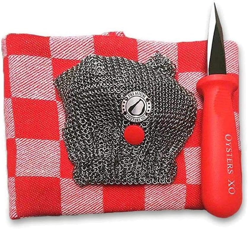 Oysters XO Oyster Shucking Chef's Set includes One Oysters XO Mesh Mitt, Two Oyster Shucking Knives and Two Classic Dutch Kitchen Towels