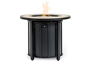 Senjoys 30'' Ceramic Round Propane Fire Pit Table, 50,000 BTU Steel Gas FirePit for Outdoor, Fire Table with Lid, Add Warmth & Ambience to Gatherings and Parties On Patio Deck Garden Backyard, Black.