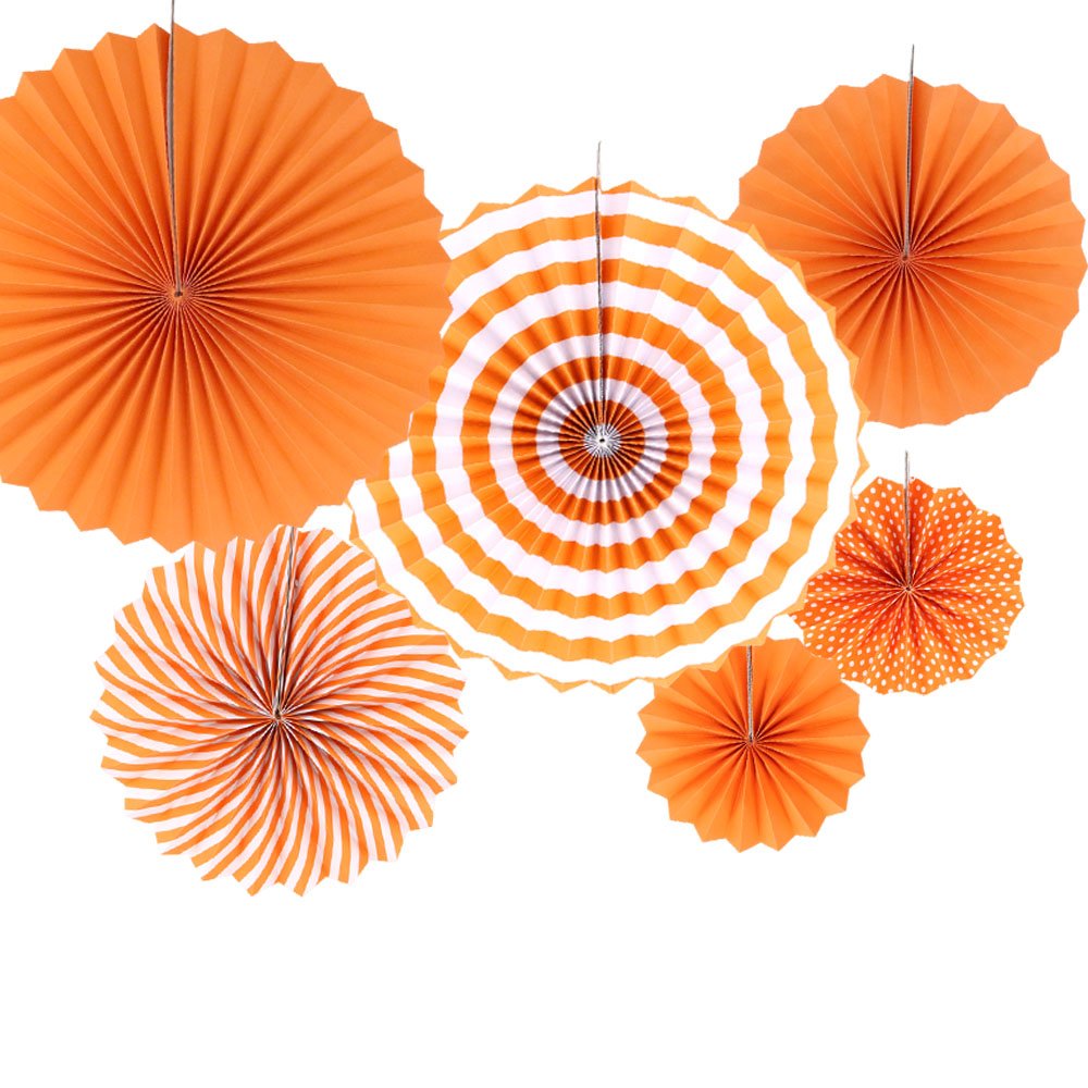 Time to Sparkle 6pcs Mix Hanging Paper Flowers Party Fan Tissue Paper Fan Festival Party Wedding Home Birthday Decor, 6X Fan-Orange