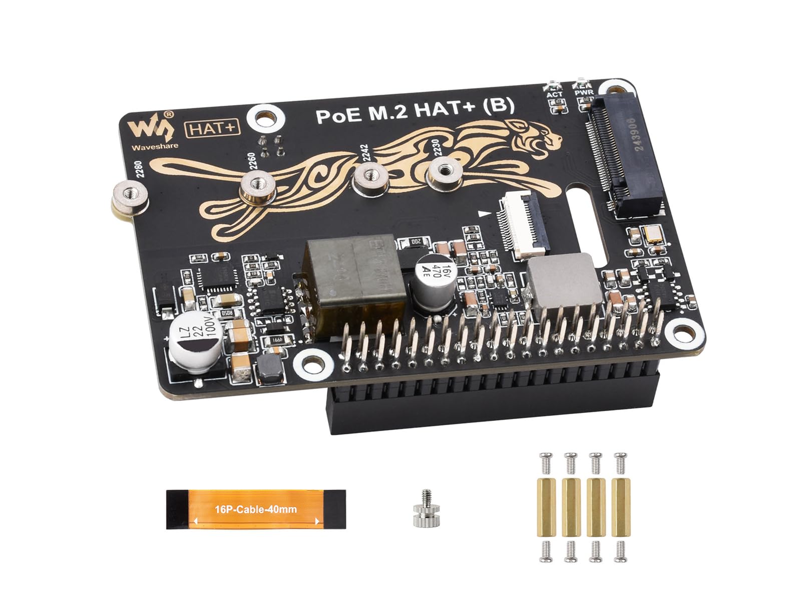 Photo 1 of Waveshare POE M.2 HAT+ (B) for Raspberry Pi 5, PCIe to M.2, Power Over Ethernet, NVMe SSD Support, IEEE 802.3af/at