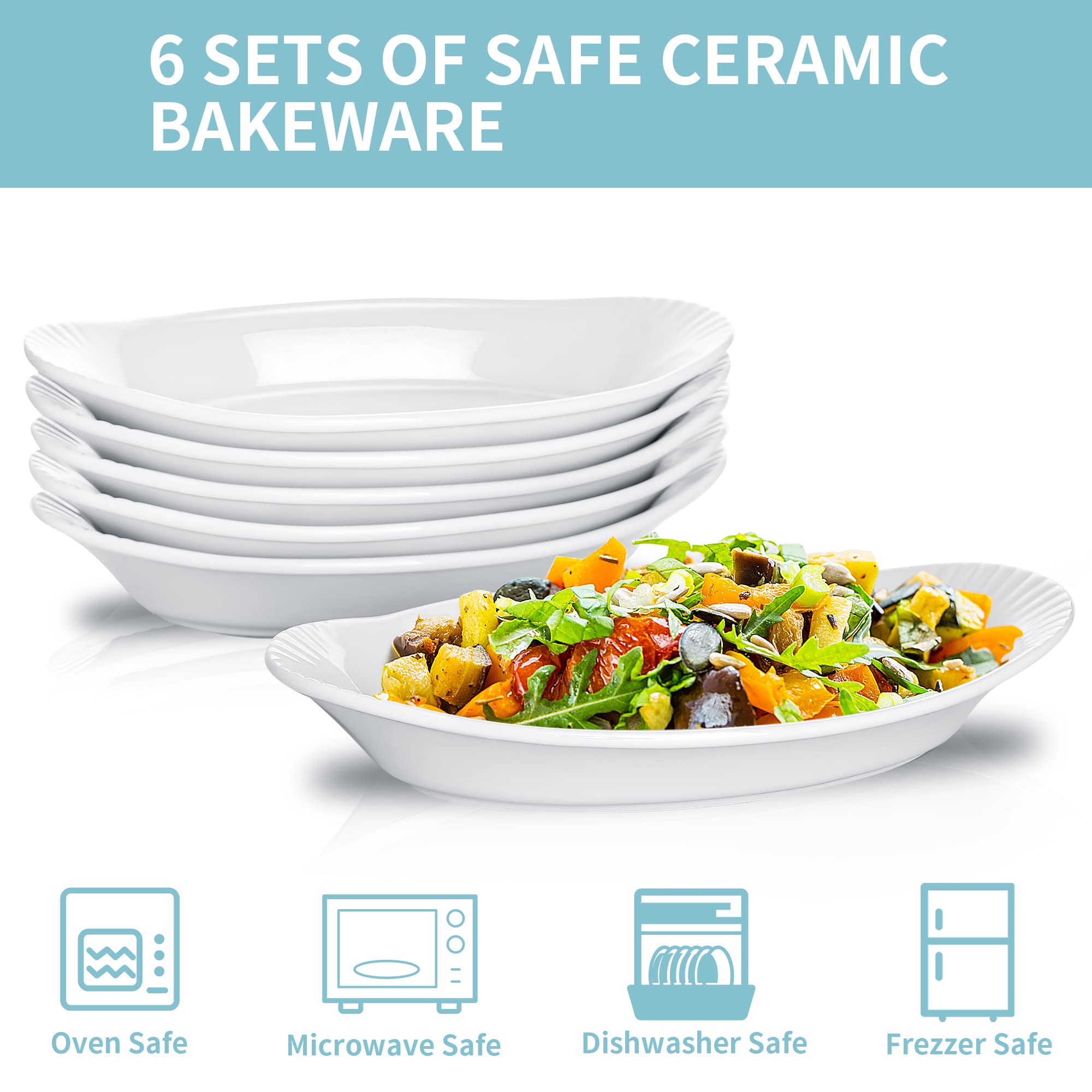 NJCharms Oval Au Gratin Baking Dishes for Oven Safe and Microwave Cooking, White Porcelain Small Mini Casserole Dish, 9 Inch, Set of 6