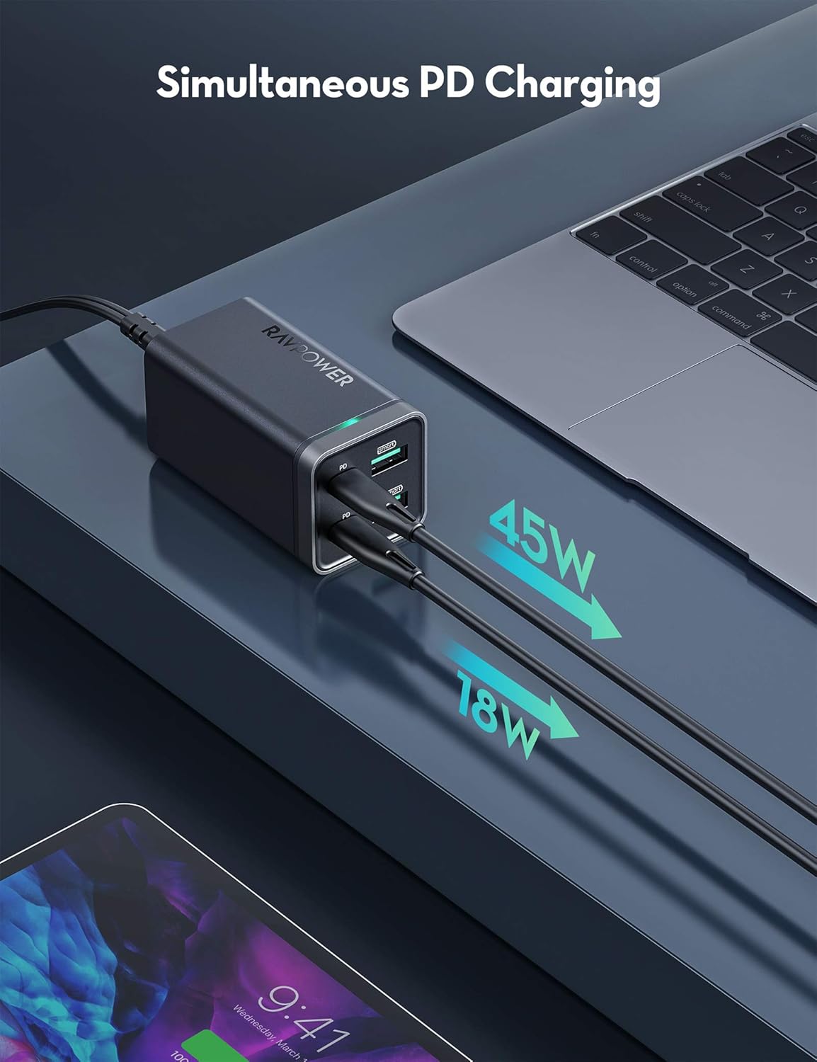 USB C Charger, RAVPower 65W 4-Port Desktop USB Charging Station [GaN Power Tech] with 2 USB C Ports + 2 USB A Ports for MacBook Pro/Air, Dell XPS 13, iPad Pro, iPhone, Nintendo Switch, Galaxy and More
