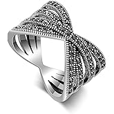 Mytys Vintage Wide Ring Classic Black Marcasite Crystal Rows Statement Silver Chunky Rings