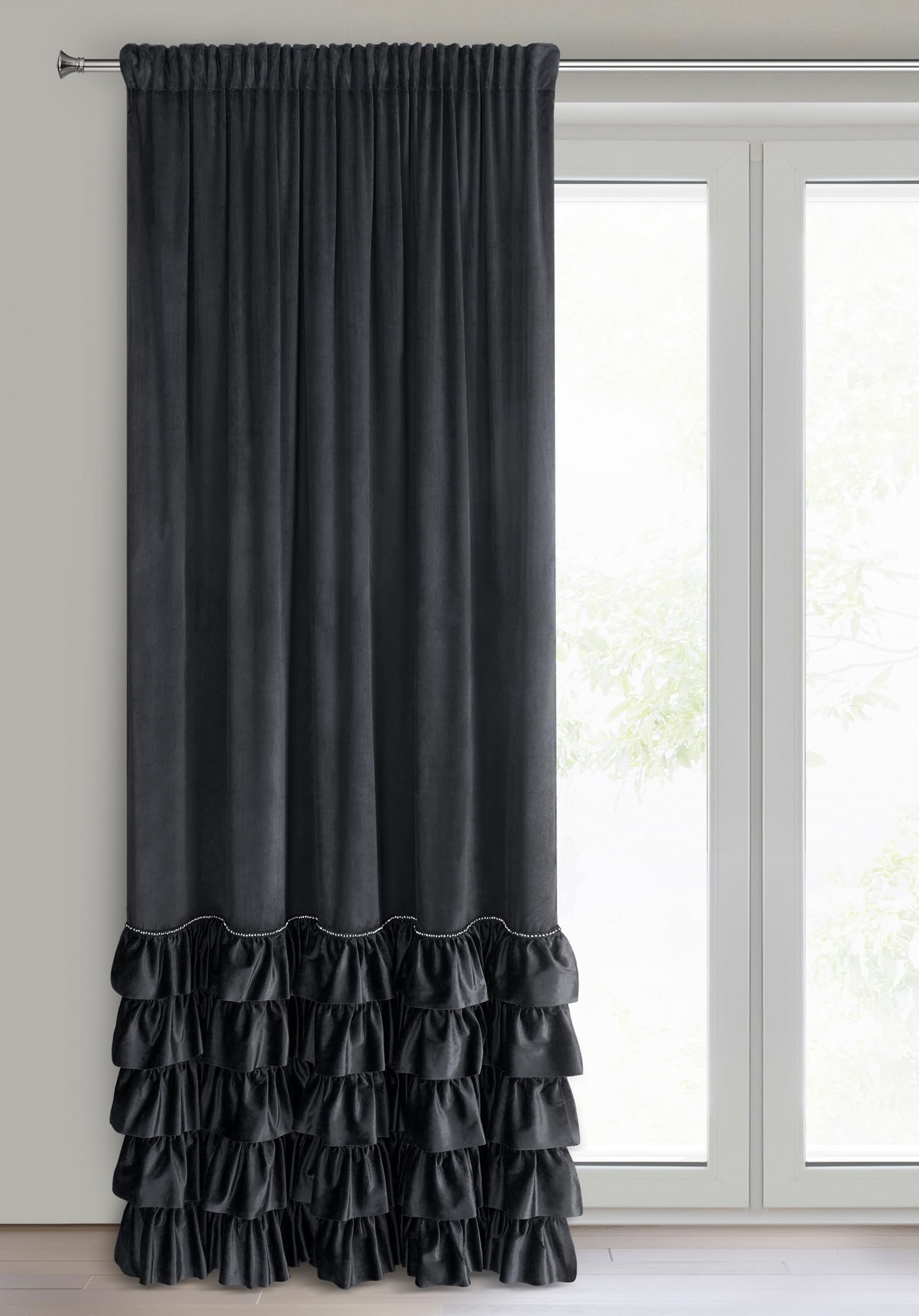 Eurofirany Carli Velvet Curtain with Ruffle Tape, 1 Piece, Opaque Blackout Curtain for Living Room, Bedroom, 140 x 270 cm, Black