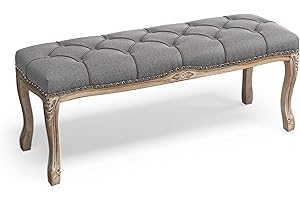 Cozyman Bedroom Bench, French Vintage Tufted Entryway 45.2" Carving Upholstered End of Bed Bench with Distressed Wood Legs, L