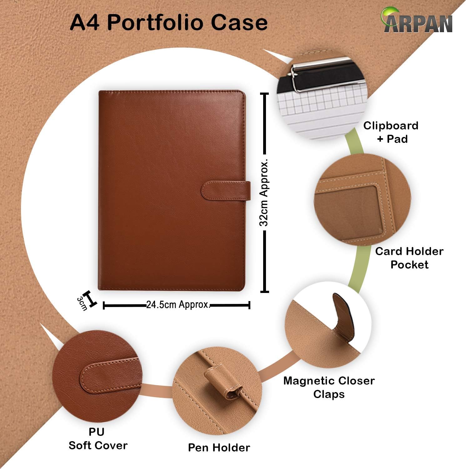 A4 Portfolio Case, Executive Business Document Organizer with Clipboard & Pad, Card Holder for School Office Conference (Brown) - Image 3