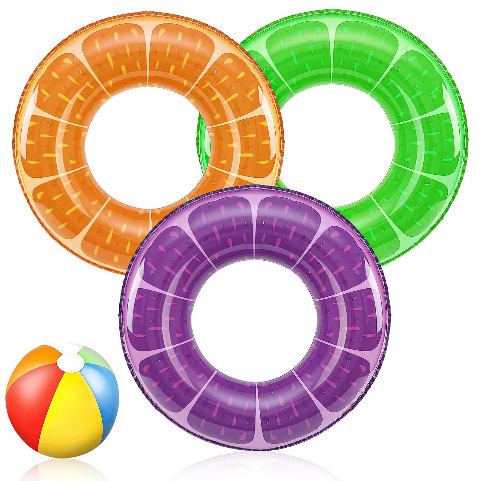 Pool Inflatables Swimming Rings, 3 Pack Rubber Rings for Kids and Adults Inflatable Pool Floats Fruit Swim Ring for Pool Beach Lake, With a 16 Inch Beach Ball