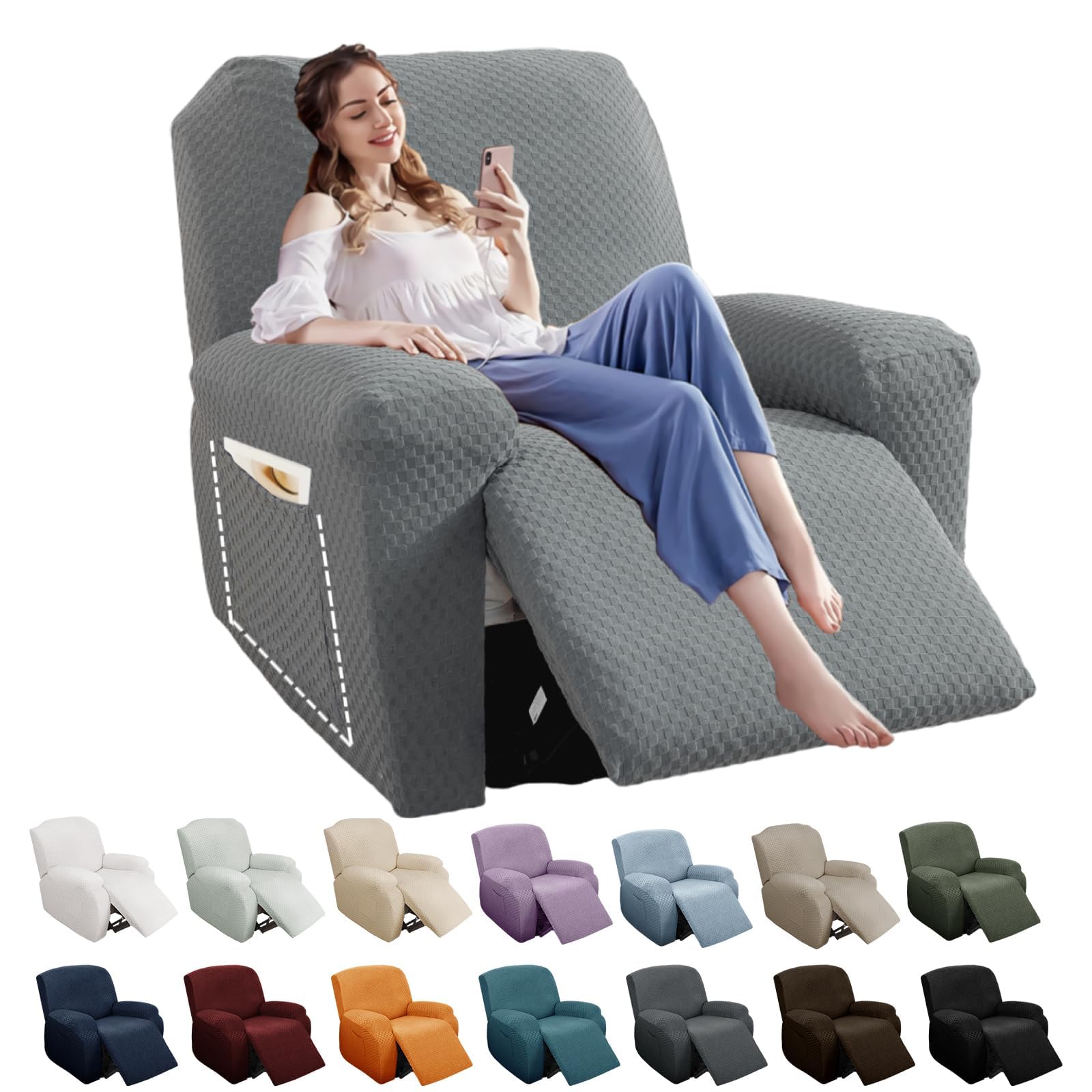 Photo 1 of YEMYHOM 4 Pieces Stretch Recliner Slipcover Latest Jacquard Recliner Chair Cover with Side Pocket Anti-Slip Fitted Recliner Cover Couch Furniture Protector with Elastic Bottom (Recliner, Light Gray)
