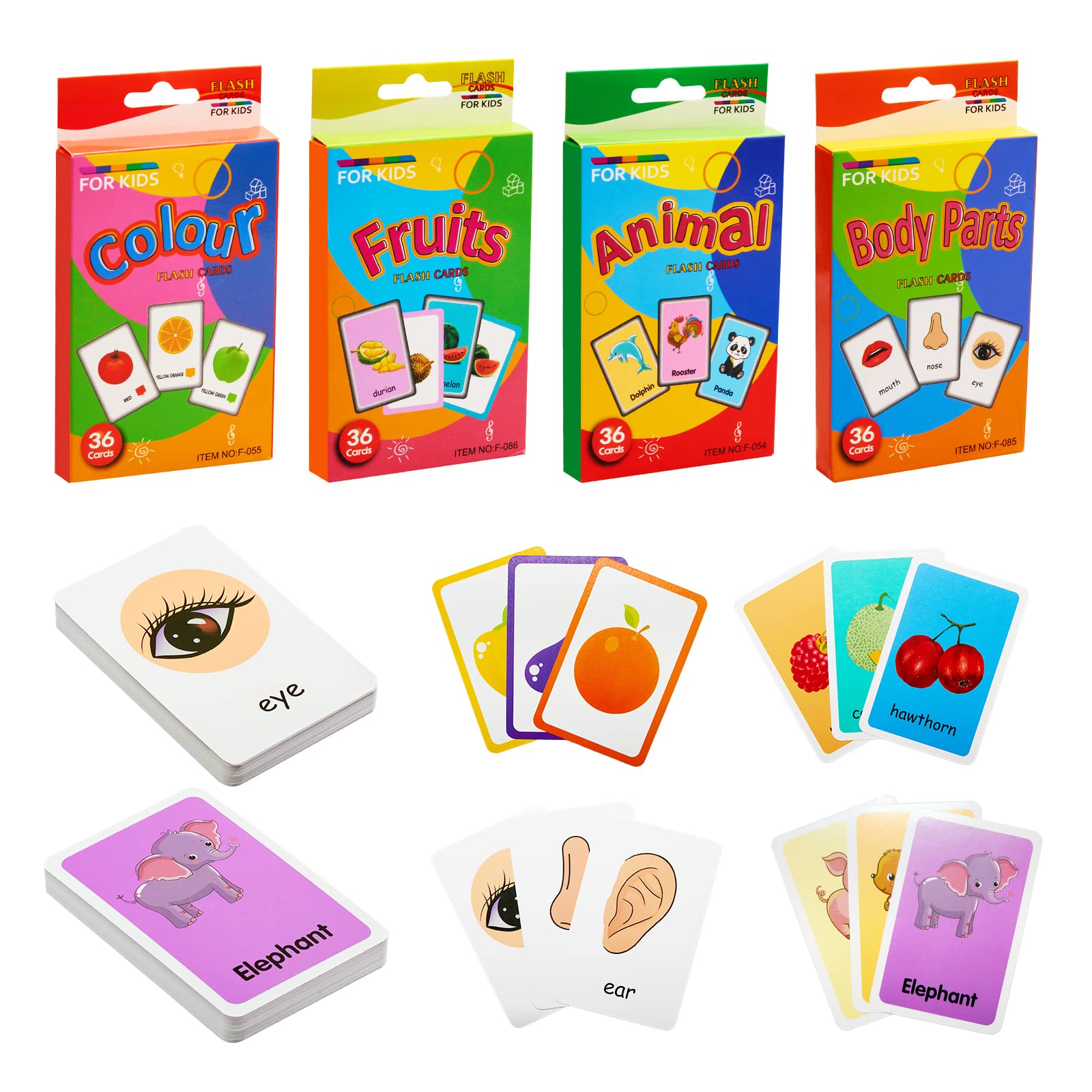 TOPBELIEF 144 Pieces Educational Toddler Flash Cards, 4 Pack Preschool Early Learning, Animal Colour Fruits Body Parts for Object Recognition Alphabet Reading & Spelling (36 Pcs/Pack)