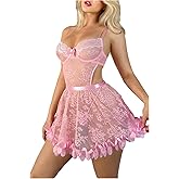 OYOANGLE Women's Lingerie Romantic Lace Floral Print Babydoll Strap Teddy Chemise Halter Mesh Nightgown