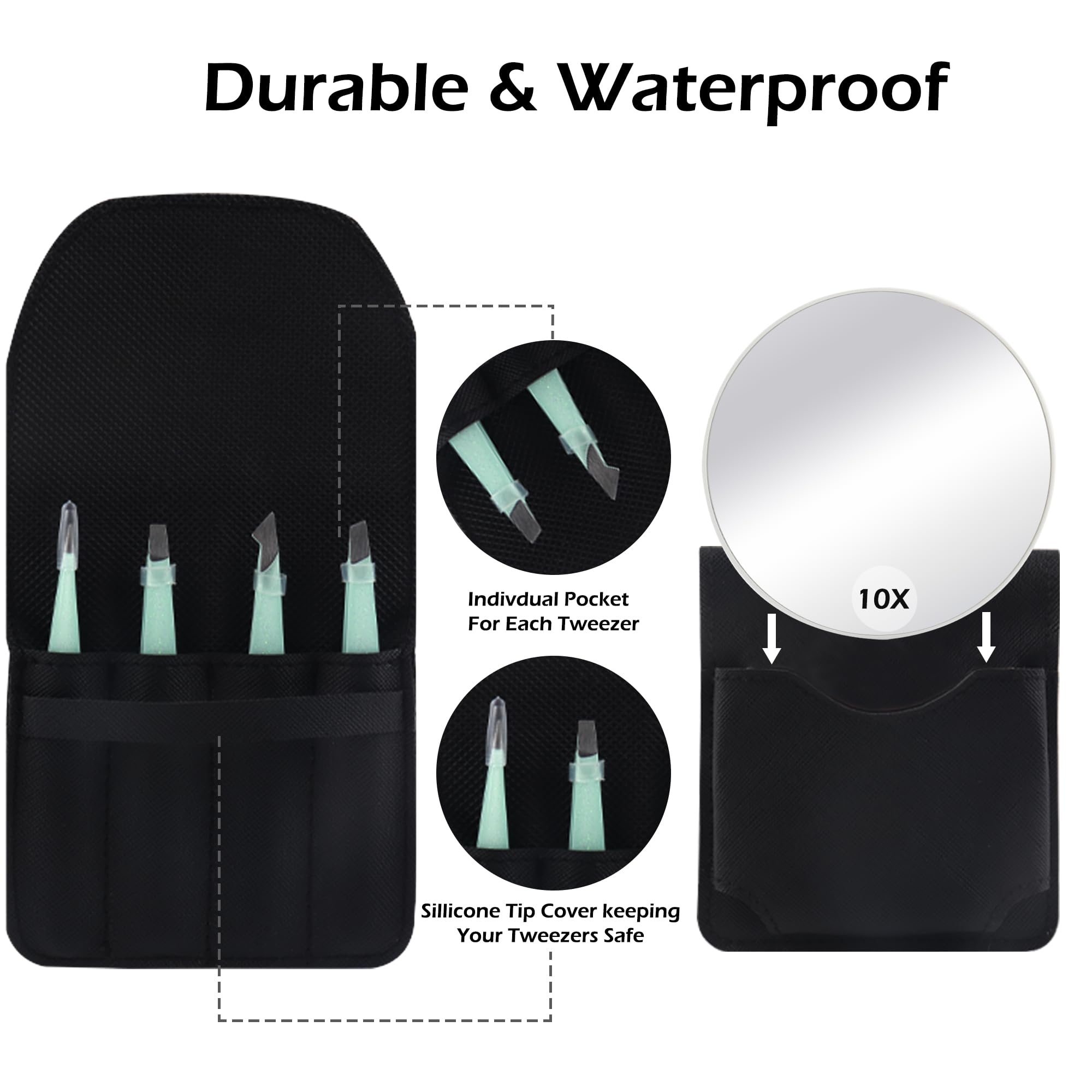 WangSelect Tweezers and 10X Magnifying Mirror Kit with Travel Leather Case, Eyebrow Tweezer Set for Women & Men, Great Precision for Facial Hair, Splinter and Ingrown Hair Removal - Starry Green