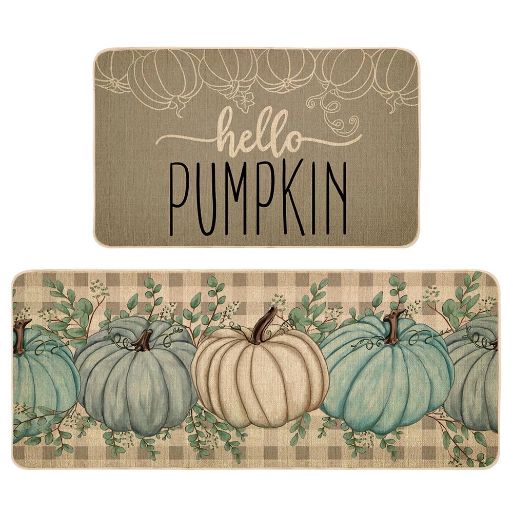 Photo 1 of Hello Pumpkin Fall Kitchen Rugs Set of 2, Autumn Farmhouse Style Kitchen Decoration Mats Cushioned Anti Fatigue Non-Slip Washable Floor Mat 17x29 and 17x47 Inch DM170