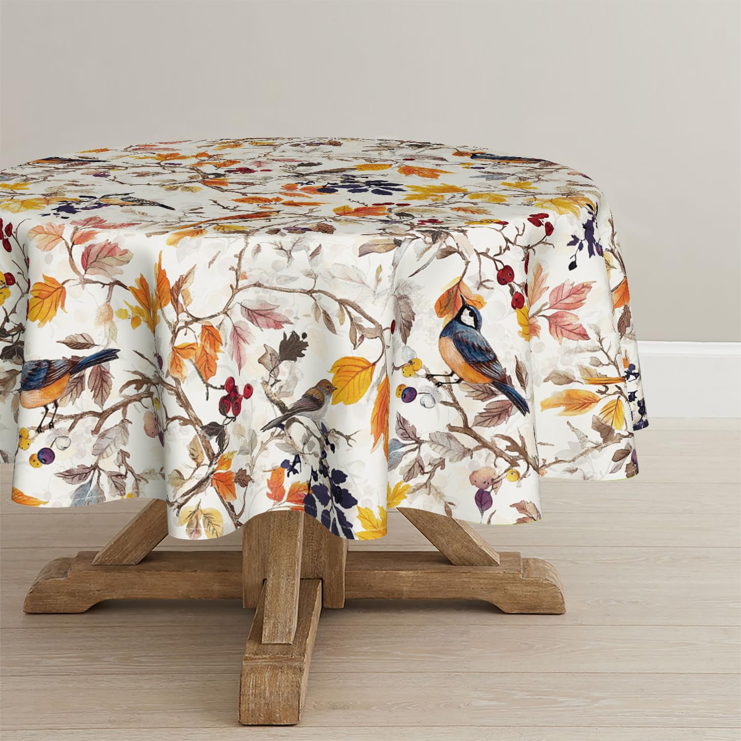 Photo 1 of Horaldaily Fall Tablecloth 90×90 Inch Round, Bird Autumn Harvest Tree Washable Seasonal Table Cover for Party Picnic Dinner Decor