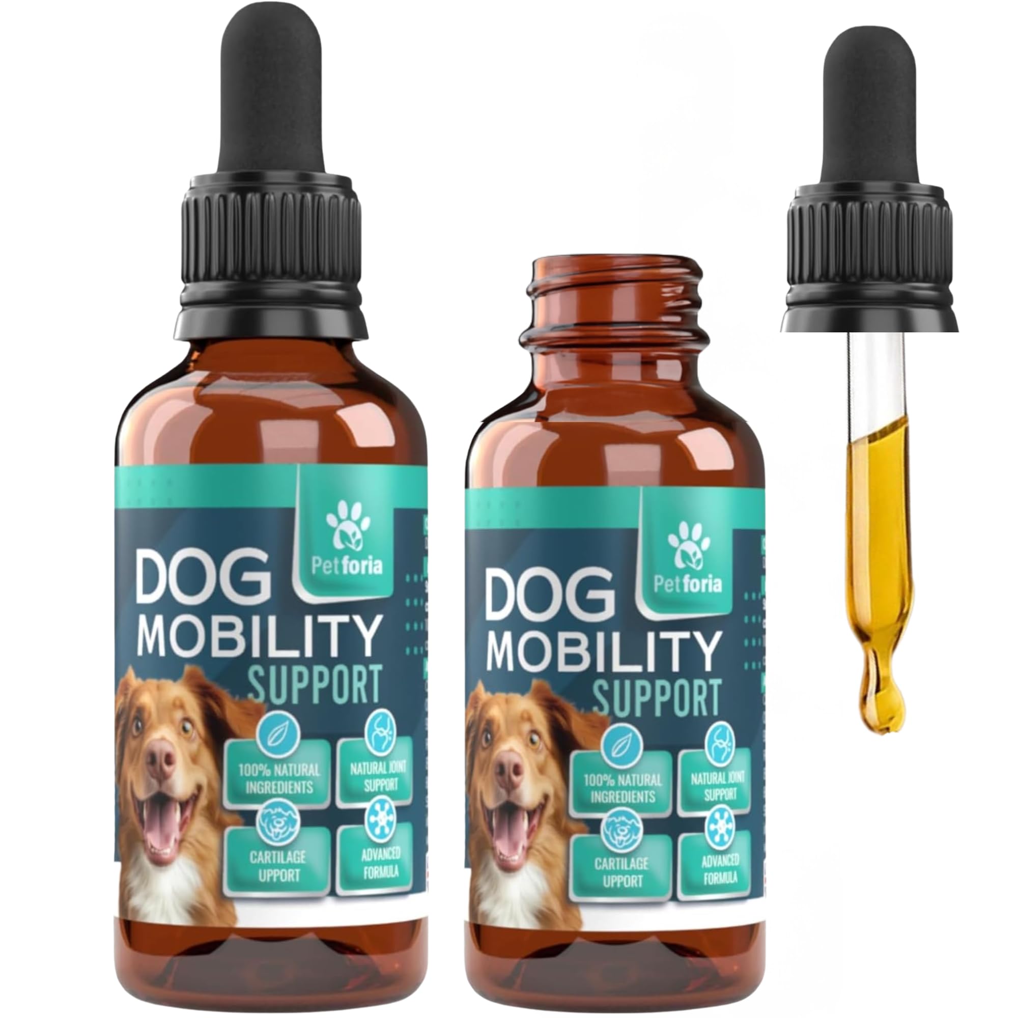 Petforia Hip & Joint Support for Dogs – Glucosamine, MSM & Turmeric Mobility Supplement for All Ages – Helps Flexibility & Comfort for Senior, Active & Recovering Dogs – 2×50ml Liquid