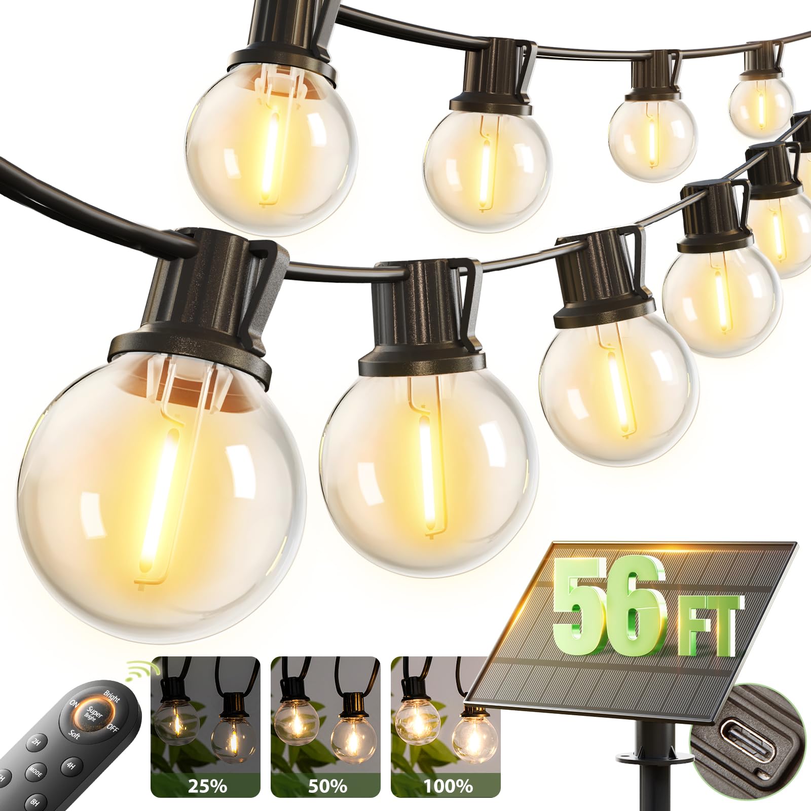 addlon 56FT(50+6) Solar String Lights Outdoor with Remote, 27 Shatterproof G40 Bulbs, Solar Powered & USB Charging Patio Lights, Dimmable Waterproof Solar String Lights for Outside, Camping, Backyard Image