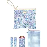 Lilly Pulitzer Water Resistant Vinyl Beach Day Pouch, Zipper Bag Includes Drink Hugger, Small Pouch, and Towel Clips