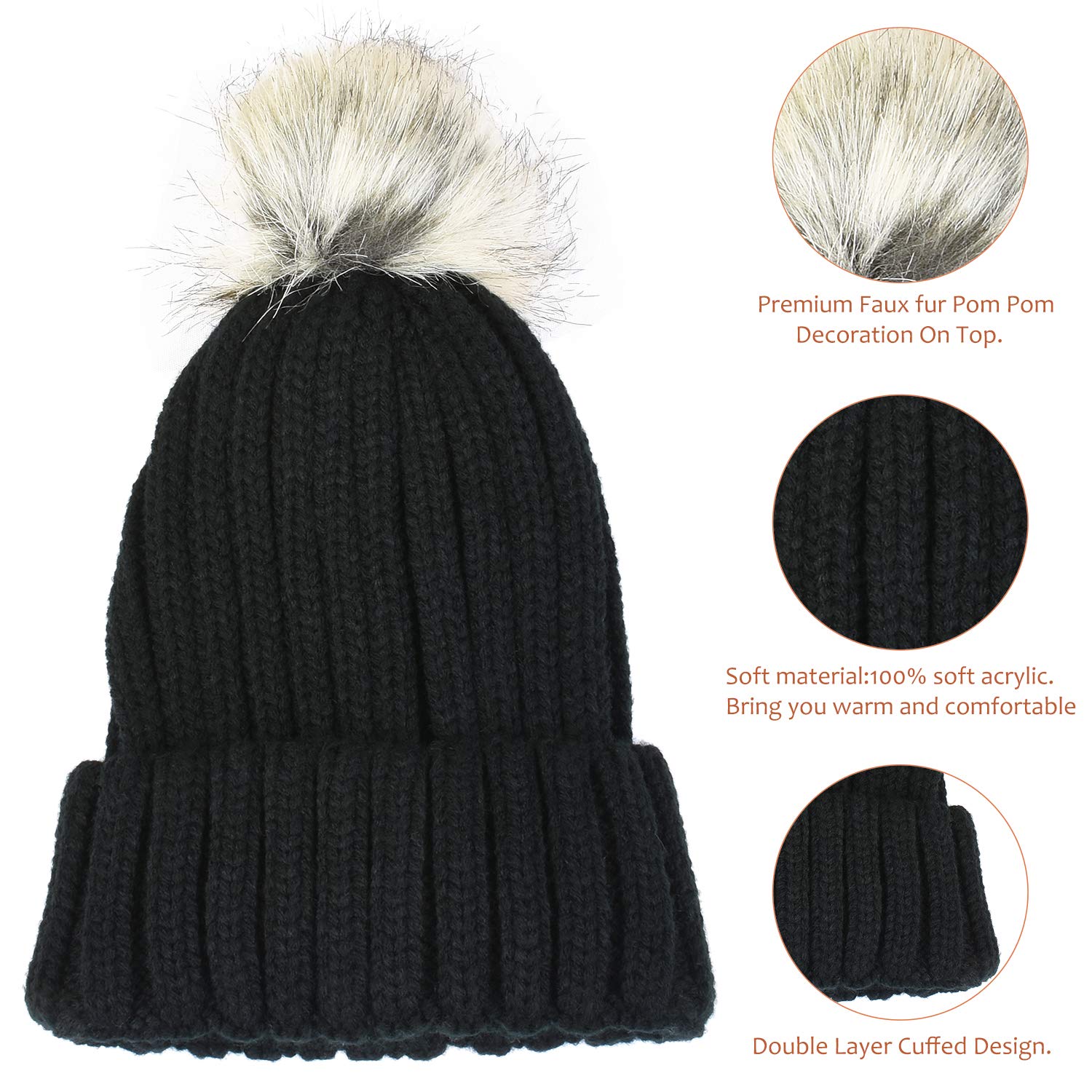 Cable Knit Beanie Warm Faux Fuzzy Fur Pom Pom Skull Ski Cap for Men, Women