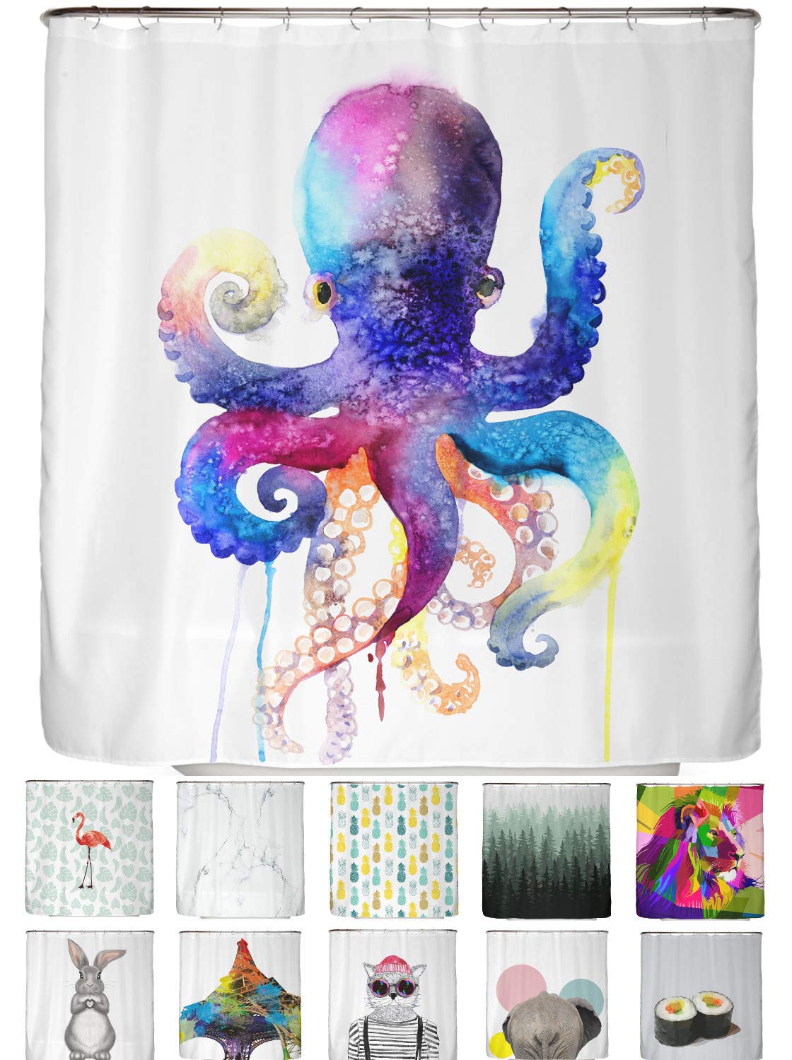arteneur® - Watercolor Octopus - Shower Curtain 180 x 200cm - Mould Resistant Fabric, Weighted Hem, Opaque, Waterproof, Washable incl. 12 hooks — image 1