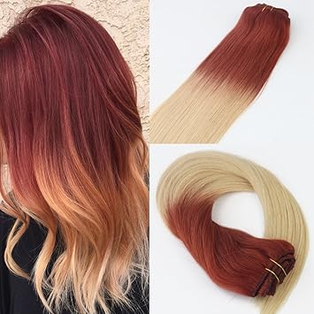 120g Set 2 Tones Color 350 613 Dip Dye Clip In Hair Extensions Dark Copper Red To Blonde Ombre Remy Virgin Human Hair Extensions Straight Long Hair 18 Inch Red To Blonde Amazon Co Uk Beauty