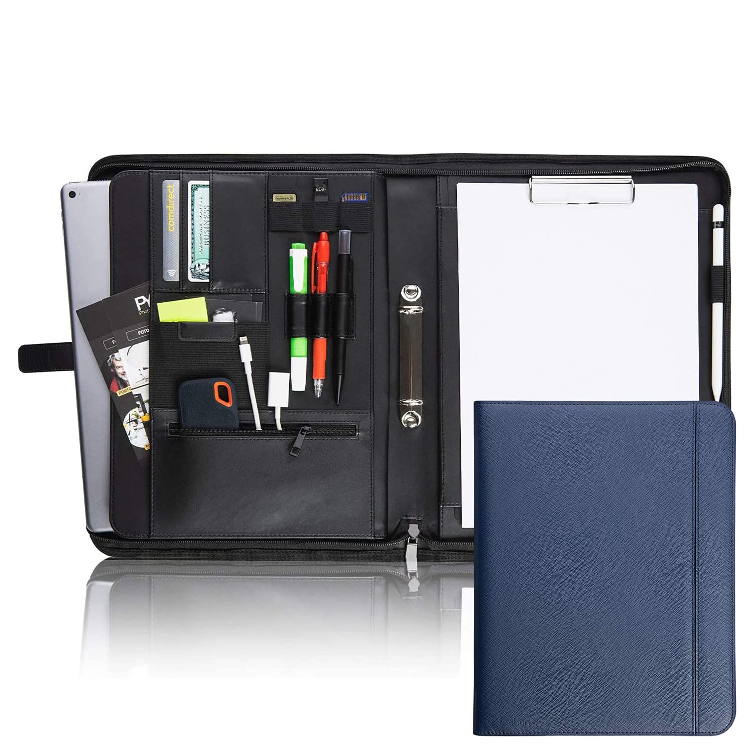 Vebon® Writing Case Ring Binder A4 "Paris" I Zip + Clipboard I Document Folder + Laptop Bag I Extra Storage Space I Faux Leather, sapphire blue