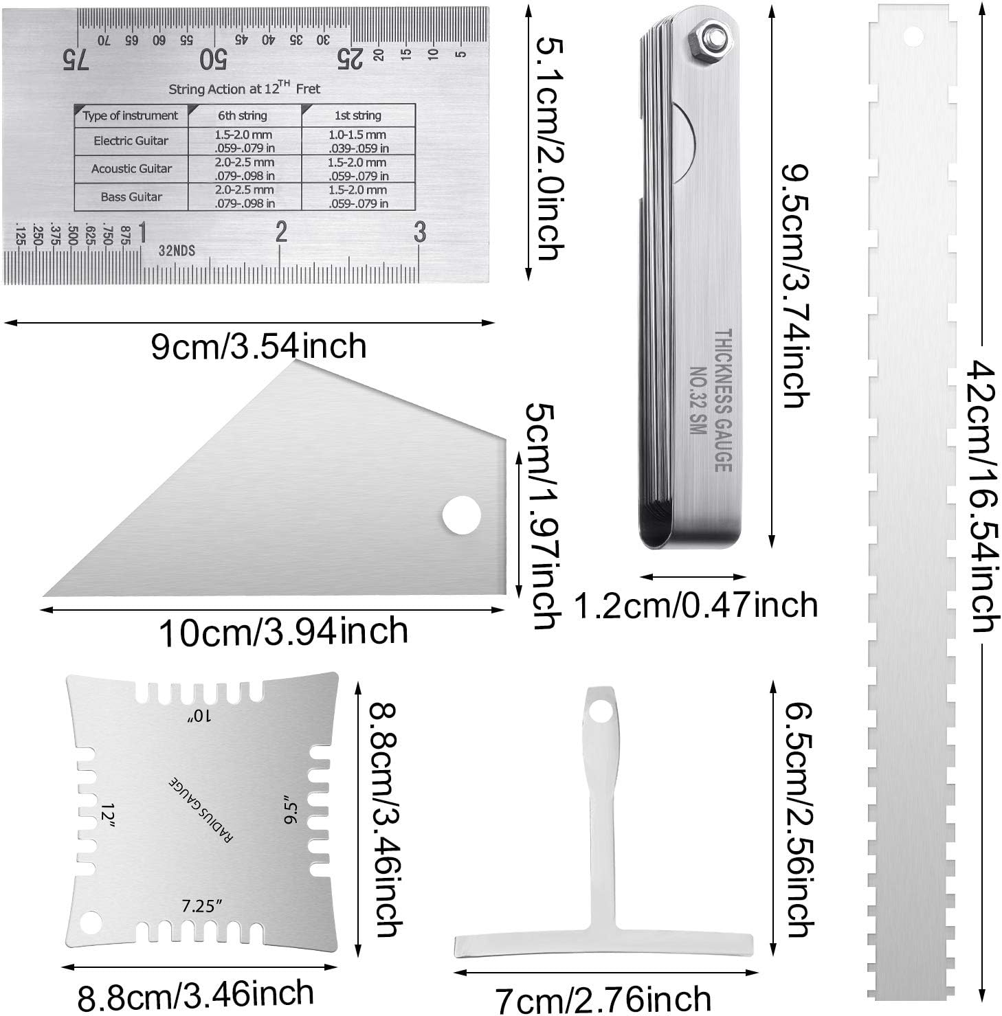 17 Pieces Guitar Luthier Tools Set Guitar Radius Gauge, String Action