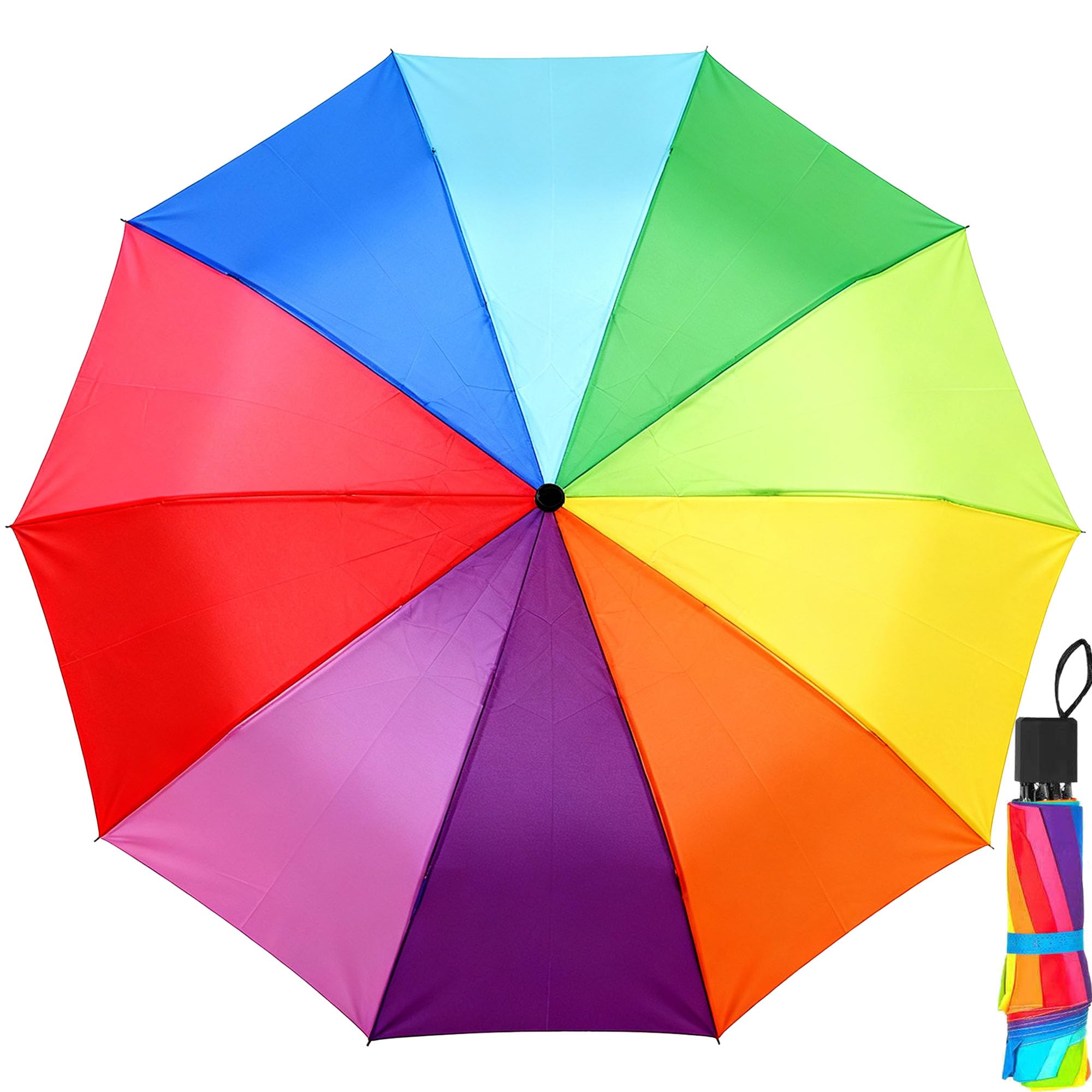 YUEMING Rainbow Compact Travel Umbrella, 10 Rib, Light Folding Backpack Umbrella for Rain, Men and Women