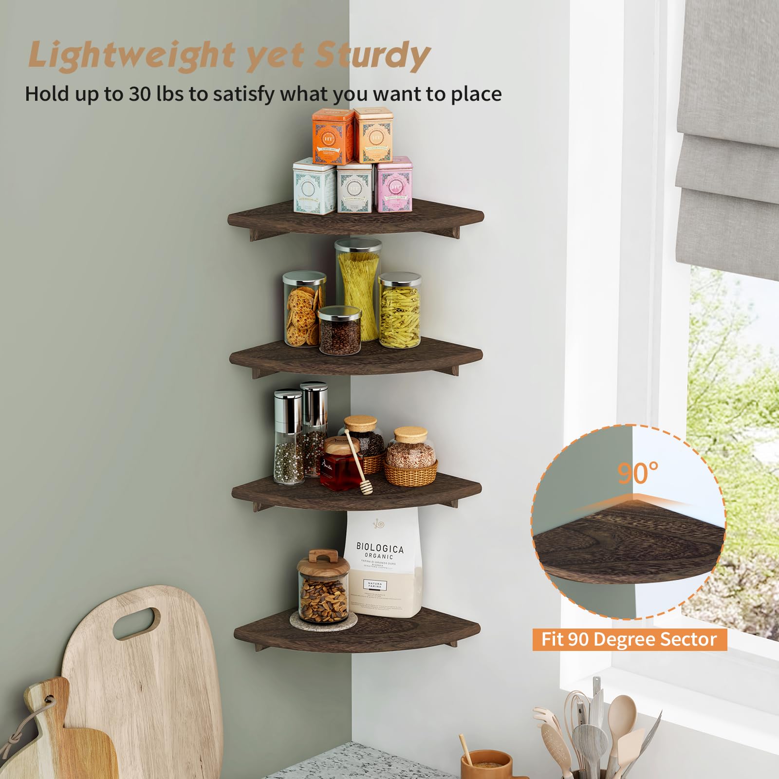 Forbena Floating Corner Shelves for Wall Set of 4, Small Corner Bookshelf for Bedroom Books, Round Wooden Corner Shelf Wall Mount for Bathroom Plants, Kitchen, Living Room Decor (Dark Brown)