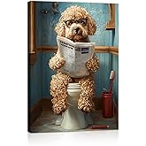 WENGTIAO Funny Dog Framed Canvas Wall Art Brown Poodle On Toilet Reading Newspaper Print Poster Humor Animal Bathroom Painting Pictures Dog Lovers Restroom Artwork for Home Washroom 12x16in