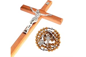 GFRGFH Crucifix Wall Cross, Handmade Catholic Crosses with Wooden Rosary, Wood Crucifix for Wall, Jesus Christian Wall Hanging Cross for Home Decor 8 Inch