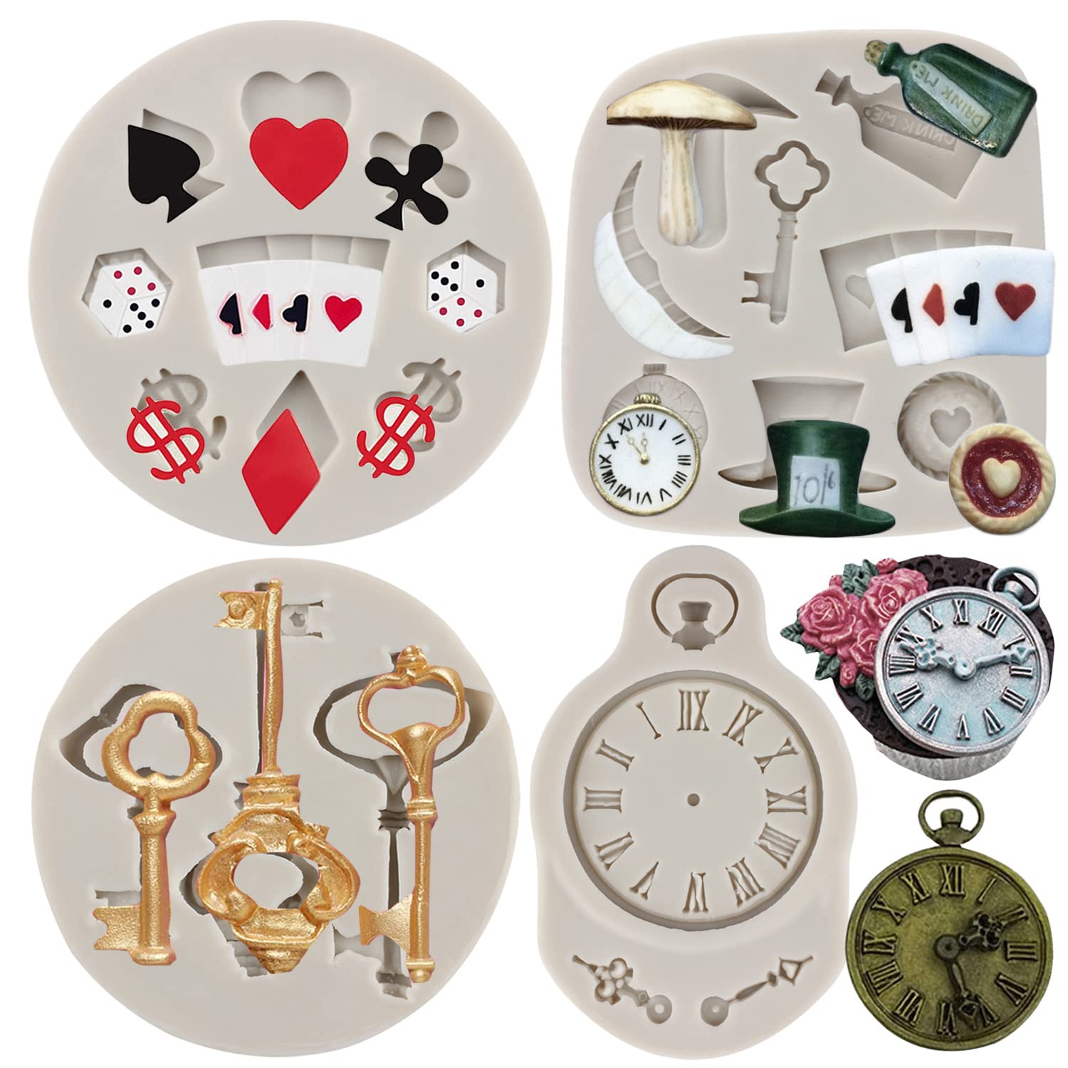 Photo 1 of Sijiangmold Poker Silicone Molds Alice Wonderland Hat Fondant Mold Vintage Clock Mold Playing Cards Candy Molds For Cake Decorating Cupcake Topper Chocolate Gum Paste Polymer Clay Set Of 4