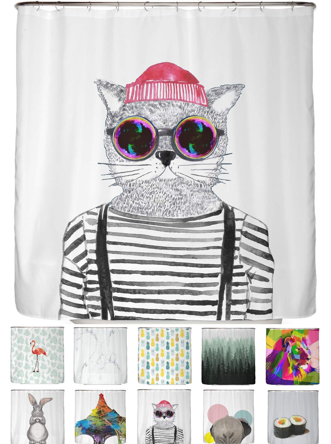 arteneur® - Hipster Cat Berlin - Shower Curtain 180 x 200cm - Mould Resistant Fabric, Weighted Hem, Opaque, Waterproof, Washable incl. 12 hooks