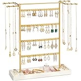 Pinzoveco Jewelry Organizer, 4 Tier Earring Holder Organizer with Base Tray, Jewelry Holder Organizer Stand for Necklaces Holder, Rings, Bracelets, Jewelry Display and Storage (Golden and White)