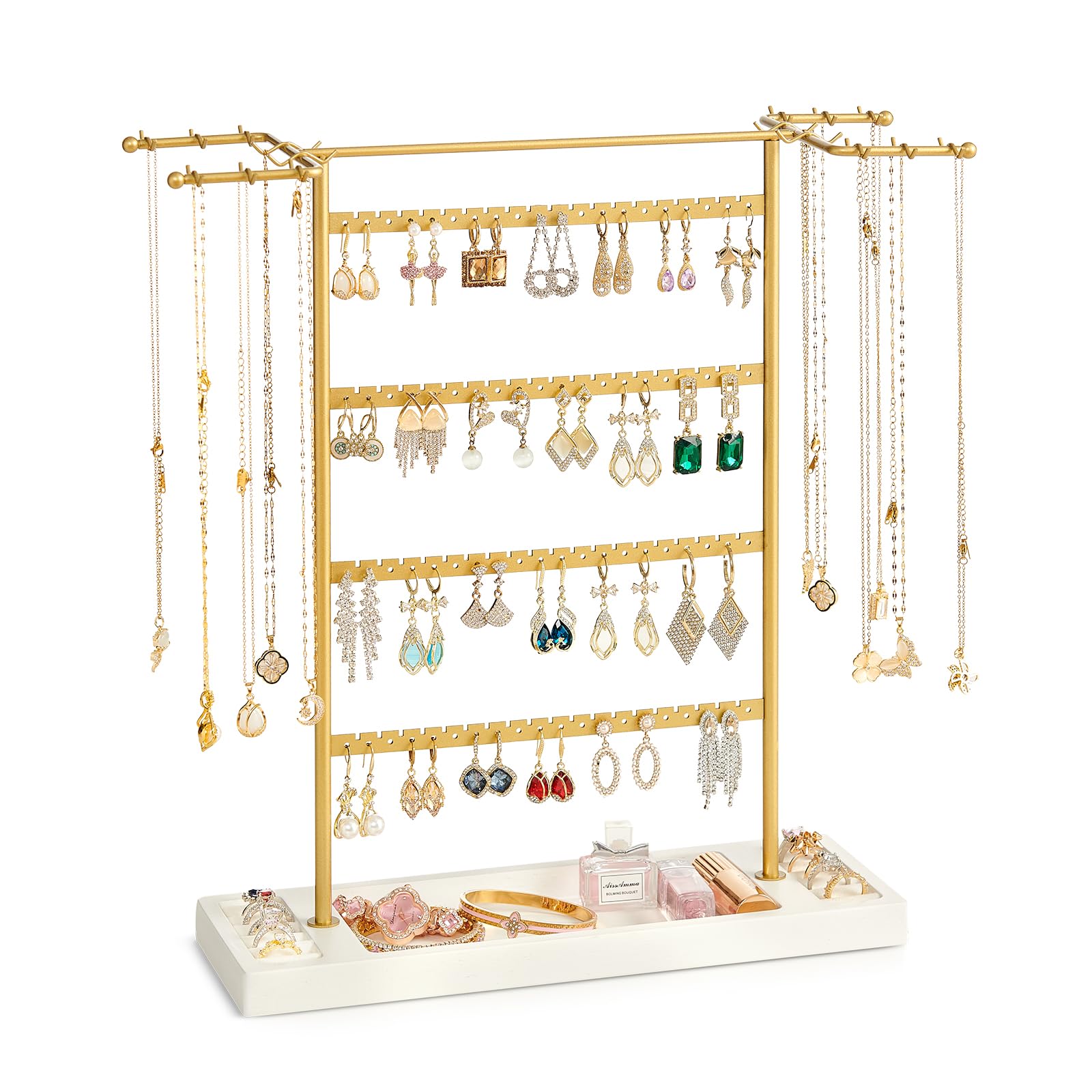 Photo 1 of Pinzoveco Jewelry Organizer, 4 Tier Earring Holder Organizer with Base Tray, Jewelry Holder Organizer Stand for Necklaces Holder, Rings, Bracelets, Jewelry Display and Storage, Golden & White
