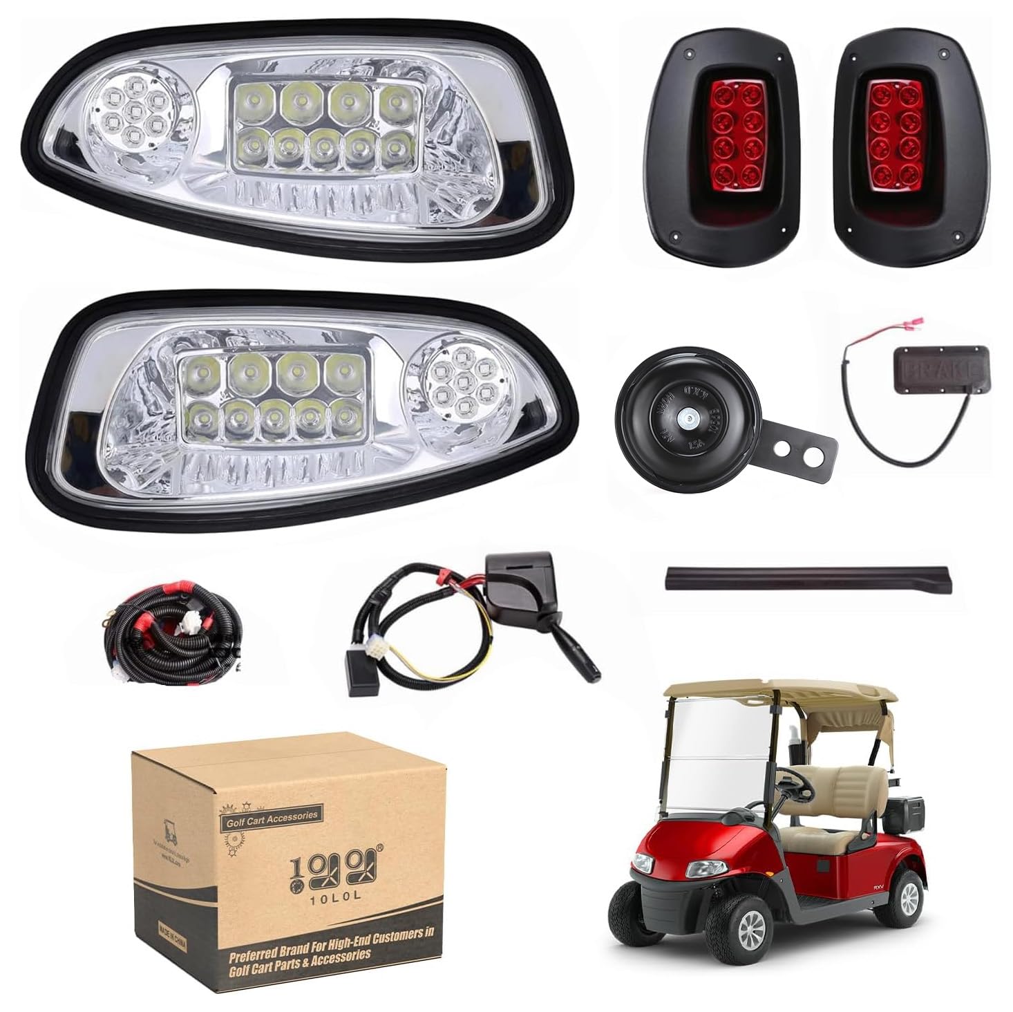Photo 1 of 10L0L Golf Cart Headlight Kit - Deluxe Headlights Taillights for 08-15 EZGO RXV Carts with Turn Signals Switch Horn Brake Lights Harness NOT FIT RXV II -Golf Cart Street Legal Light Kit