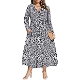 CARCOS Plus Size Dresses for Curvy Women V Neck Fall Maxi Dress Long Sleeve Floral Boho Dress Smocked Waist Party Dress