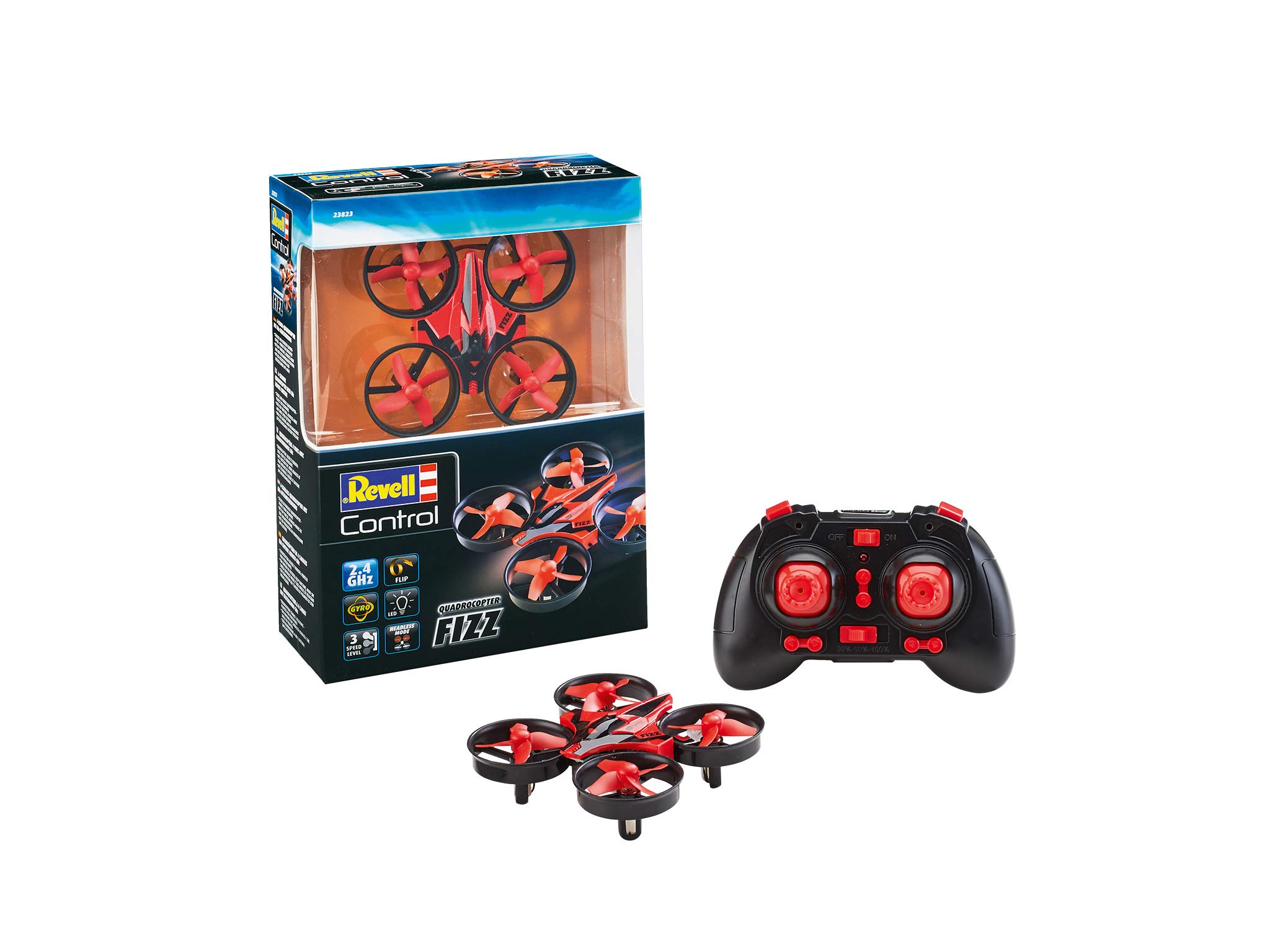 Revell Control 23823 Remote Control Mini Quadcopter Fizz With Precise 2.4 GHz Control,3 Speeds, Flip Mode,LED Lights, Headless Mode, Easy To Fly, 8.5cm in length