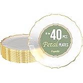 Exquisite Elegant Plastic Plates for Party - 40 x 9 inch Dinner & Dessert Plates Set - Thin, Delicate, Fancy, Disposable - Clear with Gold Rim