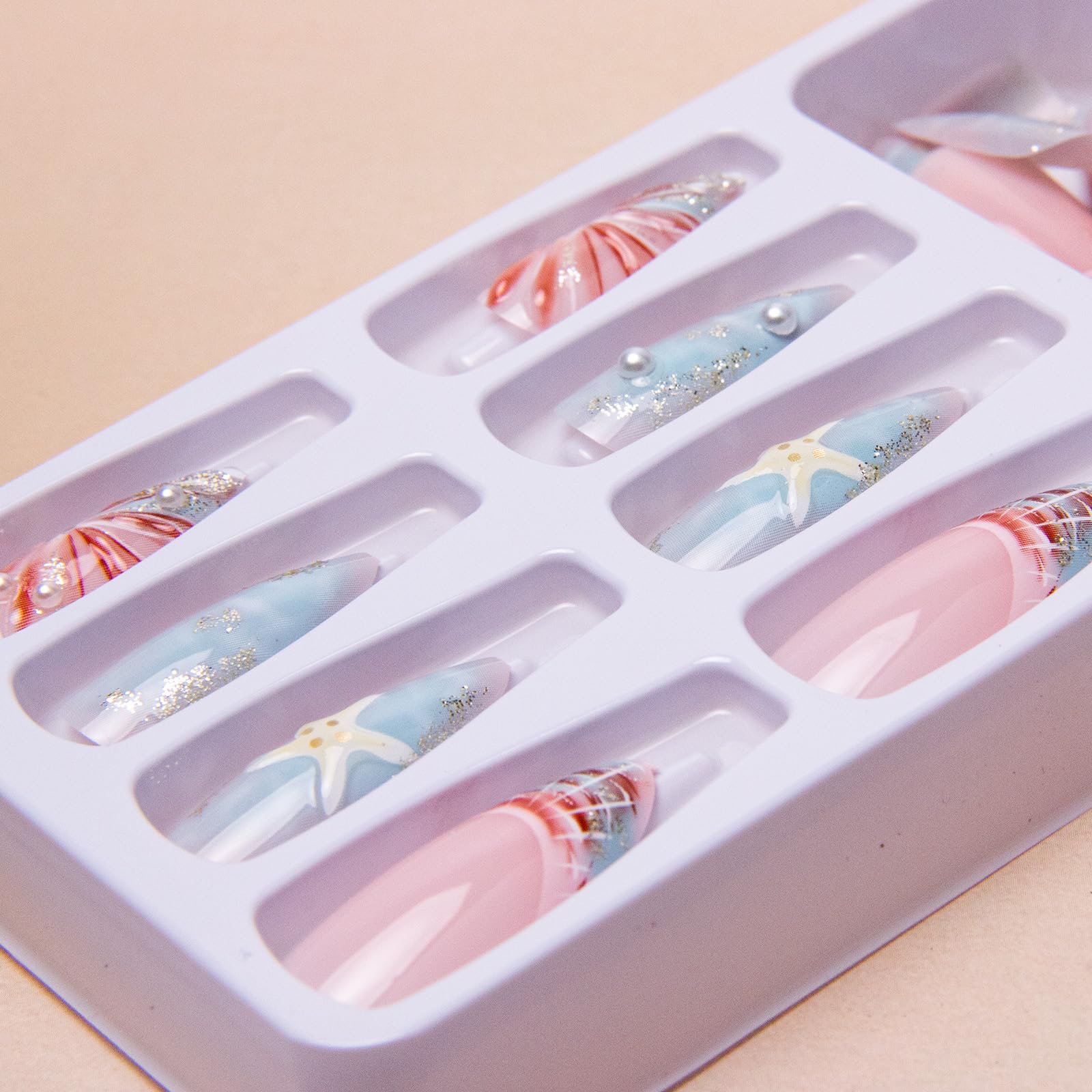 Summer Beach Press on Nails 3D Acrylic Nails Medium Almond Fake Nails Blue Sea Shell French Tips False Nails Press ons Ocean Glue on Nails Starfish Waves Stick on Nails for Women Girls Manicure 24Pcs - Image 3