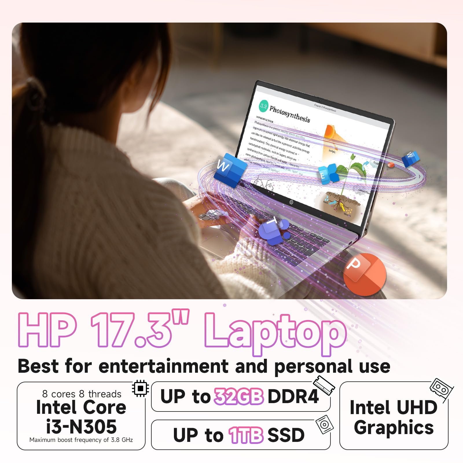 Computadora portátil HP 2025 de 17.3 ″ FHD, procesador Intel de 8 núcleos, Windows 11 Pro, Copilot AI, duración de batería de hasta 9.5 H para estudiantes y empresas, Wi-Fi6, Bluetooth5.4, con kit de accesorios (32 GB de RAM | 1 TB SSD)