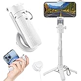 MQOUNY for Magsafe Tripod Stand for iPhone,Portable Pocket Size Selfie Stick with Rechargeable Remote and Metal Ring,Extendable Detachable Cell Phone Tripod Compatible with iPhone/Android (White)