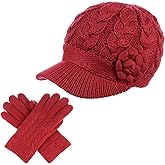 Womens Winter Elegant Cable Flower Knitted Newsboy Cabbie Cap Beret Beanie Hat with Visor, Warm Plush Fleece Lined